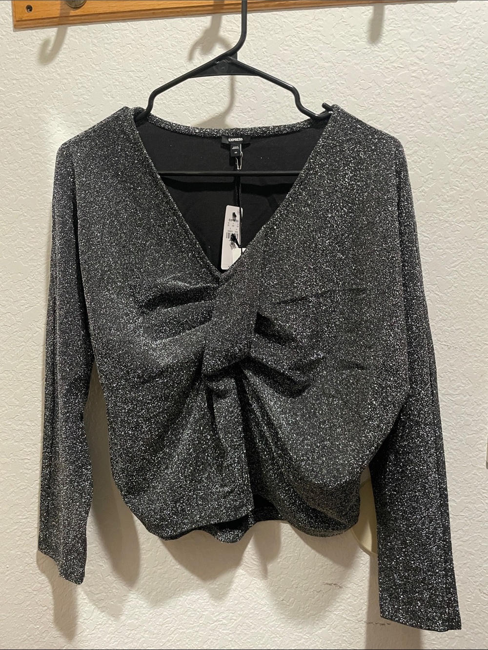 Express Metallic Black Twist-Front Long Sleeve Top